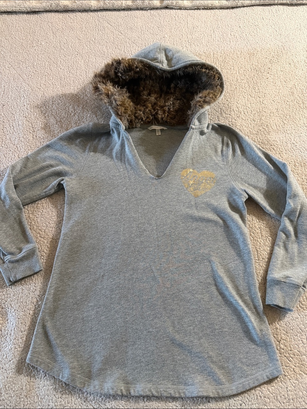 Victoria's Secret Gray Hoodie with Faux Fur Hood and Gold Heart medium